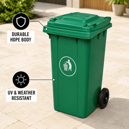 100L Green Wheelie Bin with Lid and Rubber Wheels, Heavy Duty HDPE Wheeled Refuse Bin for Household, Garden, Garage and Workplace Waste, 74 × 53 × 45 cm