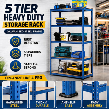 5 Tier Heavy Duty Galvanised Steel Shelving Unit Storage Rack with Adjustable Shelves Durable Sturdy for Home Garage Office Warehouse Organiser Household Storage 150x70x30cm & 180x90x40cm