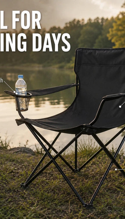 Folding Camping Chair with Cup Holder Black Portable Lightweight Outdoor Chair Steel Frame Polyester Seat for Garden, Beach, Picnic, Fishing & Festivals, Supports Up to 110KG