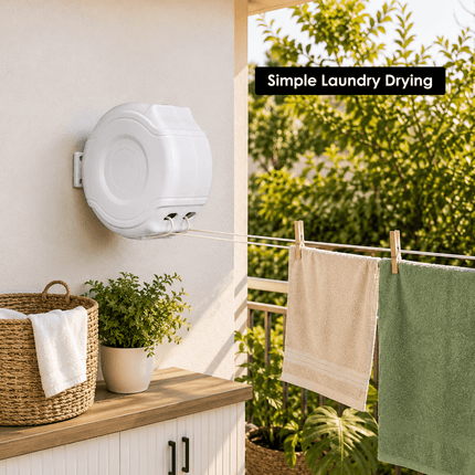 Retractable Washing Clothes Line, Wall Mounted Clothes Drying Line, Space Saving Laundry Line for Indoor Outdoor Use, Garden Balcony Utility Room, White