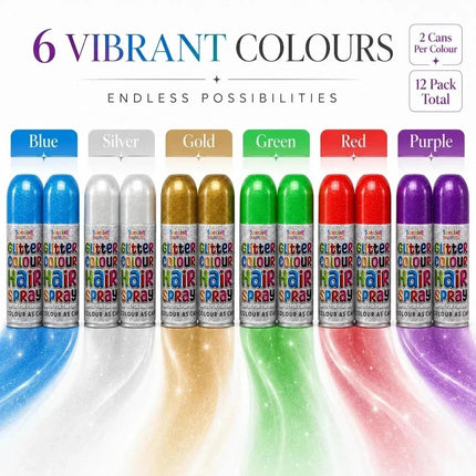 Pack of 12 Temporary Hair Colour Spray 200ml Washable Glitter Classic for Special Occasion Fancy Dress Up Hairspray Can for Parties Festivals Halloween - Haircare