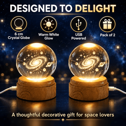 3D Tree of Life Crystal Ball LED Decorative Lamp, 6cm Glass Globe with 360° Rotating Wooden-Effect Base, Warm White USB Powered Ornament, Pack of 2