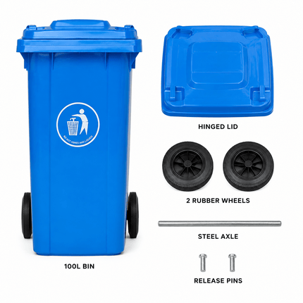 100L Wheelie Bin with Lid, Blue Heavy Duty HDPE Wheeled Refuse Bin with Rubber Wheels and Steel Axle, Outdoor Waste Bin for Home, Flat, Garage and Workplace, 74 × 53 × 45 cm