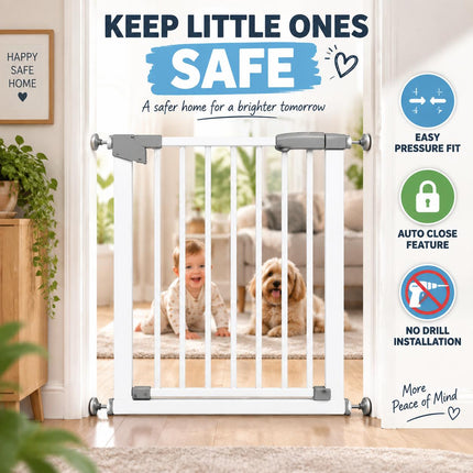 Baby Safety Gate Pressure Fit Stair Gate Auto Close Double Lock Steel Child Pet Gate Adjustable 63-70cm Doorway Barrier No Drill Installation Walk Through Safety Gate for Stairs Hallway Home