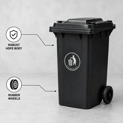 100L Black Wheelie Bin with Lid, Rubber Wheels and Push Handle, Heavy Duty HDPE Wheeled Rubbish Bin for Household, Garden, Garage and Workplace Waste