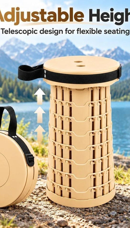 1pc Portable Telescopic Folding Stool, Adjustable Height Up to 45cm, Heavy Duty 250KG Capacity, Collapsible Retractable Camping Seat for Fishing, Hiking, Travel, Picnic, BBQ, Garden & Outdoor Activities, Beige