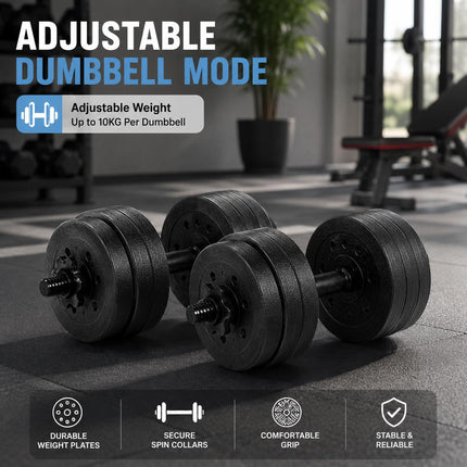 20KG Adjustable Dumbbell & Barbell Set | Home Gym Weight Set with Connecting Rod, Spin Lock Collars & Weight Plates
