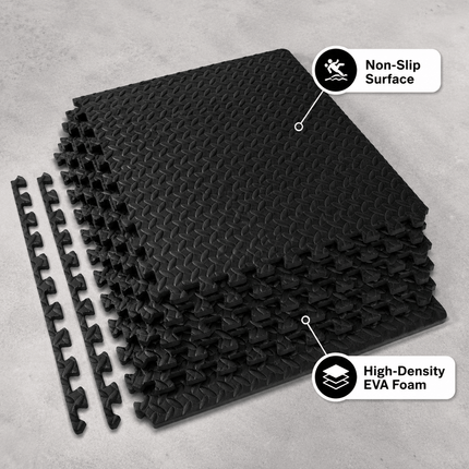 EVA Interlocking Foam Floor Mats 60 x 60 x 1cm, 6 Black Puzzle Gym Flooring Tiles with 8 Edge Borders, Textured Exercise Mat for Home Gym, Yoga, Fitness Equipment and Floor Protection