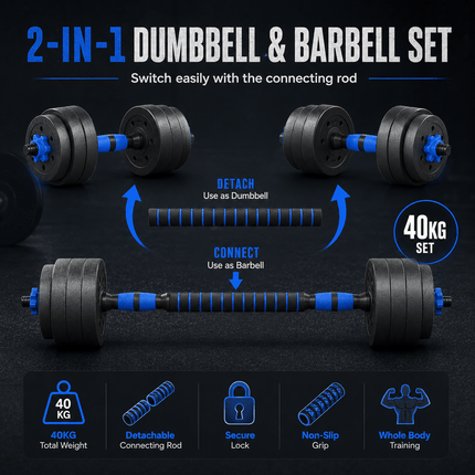 40KG Adjustable Dumbbell Barbell Set with Push Up Bars & Connecting Rod Home Gym Weight Training Equipment