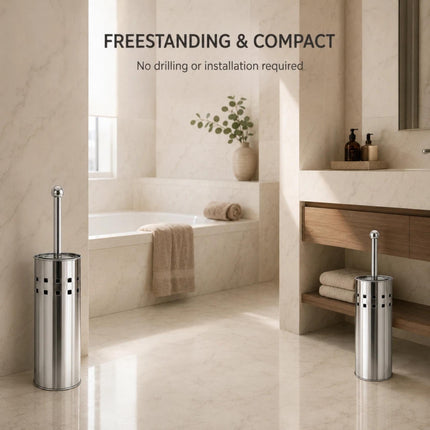 Toilet Brush & Holder Set Silver Stainless Steel Long Handle WC Cleaning Brush with Mirror Finish Storage Holder Bathroom Accessory