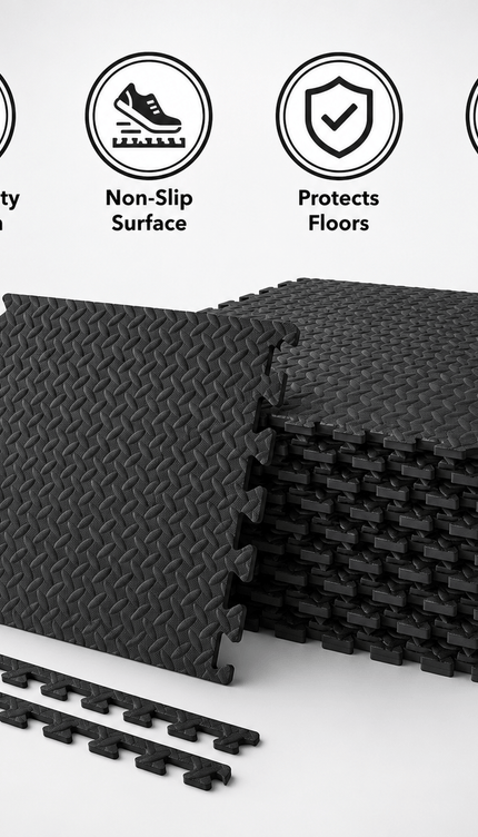 6pc Black EVA Foam Gym Mats 60 × 60 × 1cm with 8 Edge Borders