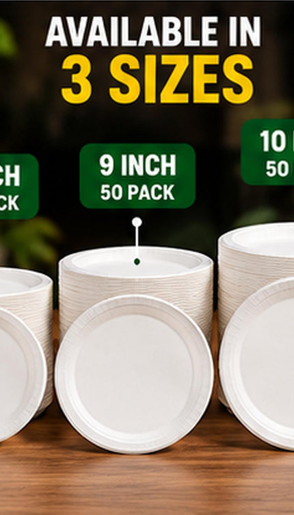 50 Pack Disposable Plates , Biodegradable Sugarcane for Parties, BBQs & Picnics, Choice of 7, 9 or 10 Inch