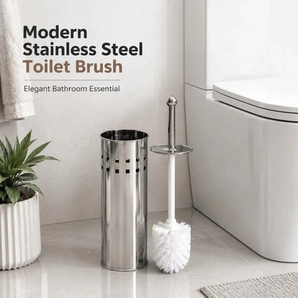 Toilet Brush & Holder Set Silver Stainless Steel Long Handle WC Cleaning Brush with Mirror Finish Storage Holder Bathroom Accessory