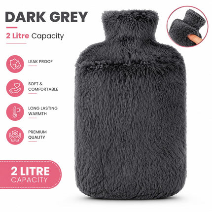 2L Hot Water Bottle with Luxury Faux Fur Cover & Hand Warmer Pocket, Soft Winter Heat Bag with Secure Screw Cap for Bed, Sofa, Back, Tummy, Hands & Feet – Pink, Dark Grey, Light Grey