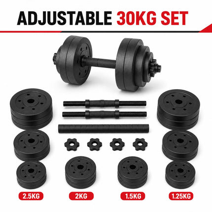 30KG Adjustable Dumbbell & Barbell Set 2-in-1 Weight Training Kit with Connecting Rod for Home Gym Workouts