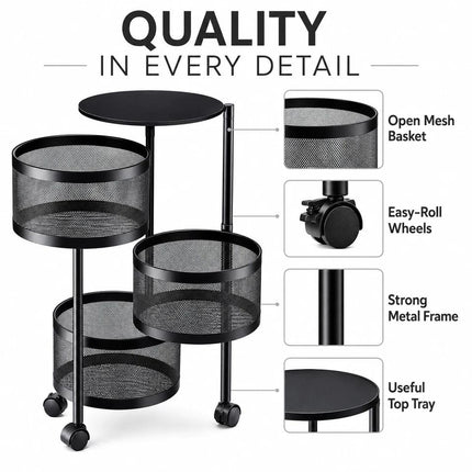 4 Tier Rotating Storage Trolley with Wheels Space-Saving Kitchen Vegetable Rack and Bathroom Organizer Shelf
