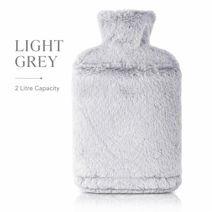 2L Hot Water Bottle with Luxury Faux Fur Cover & Hand Warmer Pocket, Soft Winter Heat Bag with Secure Screw Cap for Bed, Sofa, Back, Tummy, Hands & Feet – Pink, Dark Grey, Light Grey