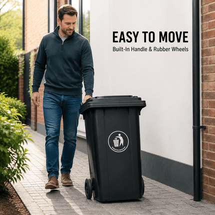 100L Black Wheelie Bin with Lid, Rubber Wheels and Push Handle, Heavy Duty HDPE Wheeled Rubbish Bin for Household, Garden, Garage and Workplace Waste