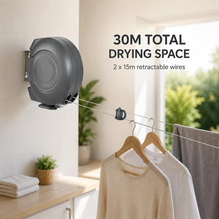 30M Retractable Clothes Line 30KG Heavy Duty Double Washing Line Extendable Wall Mounted Dryer