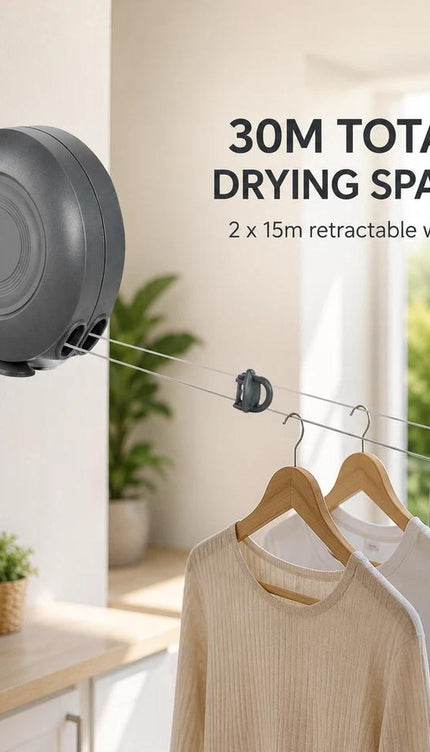 30M Retractable Clothes Line 30KG Heavy Duty Double Washing Line Extendable Wall Mounted Dryer