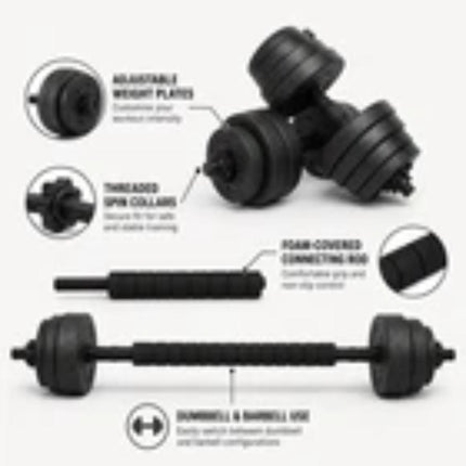 30KG Adjustable Dumbbell & Barbell Set with 40cm Bars, Connecting Rod & Weight Plates