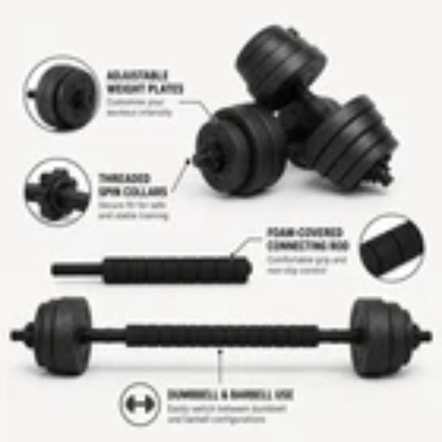 30KG Adjustable Dumbbell & Barbell Set with 40cm Bars, Connecting Rod & Weight Plates