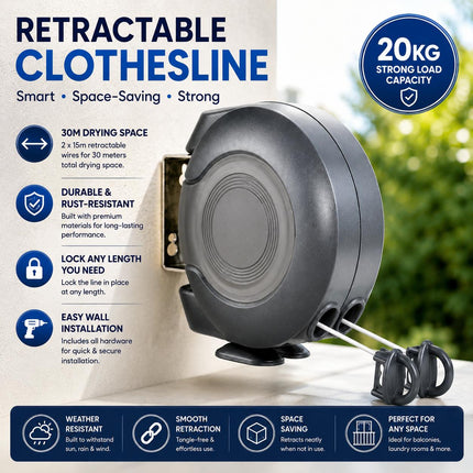 30M Retractable Clothes Line 30KG Heavy Duty Double Washing Line Extendable Wall Mounted Dryer