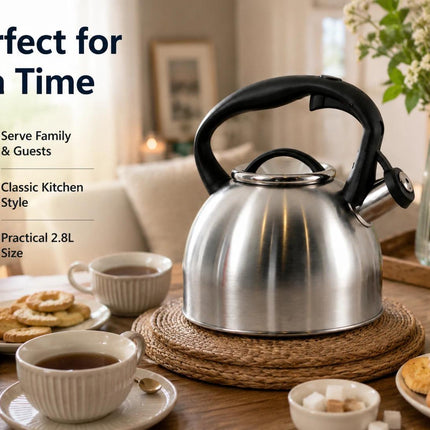 2.8L Stainless Steel Whistling Kettle Stove Top Tea Coffee Water Boiler with Nylon Handle for Kitchen Camping Caravan Motorhome
