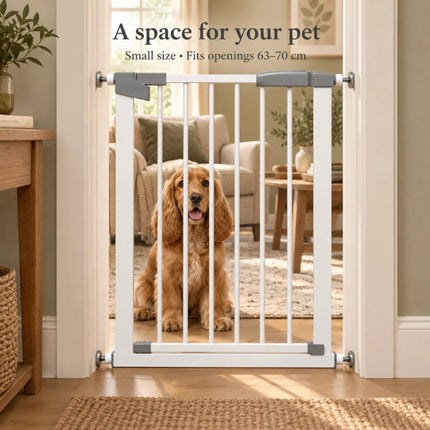Baby Safety Gate Pressure Fit Stair Gate Auto Close Double Lock Steel Child Pet Gate Adjustable 63-70cm Doorway Barrier No Drill Installation Walk Through Safety Gate for Stairs Hallway Home
