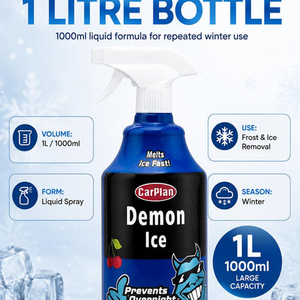 1L Car Demon Ice Spray Fast Acting Frost Ice Remover & Preventer for Frozen Windscreens Windows Cherry Scent Winter
