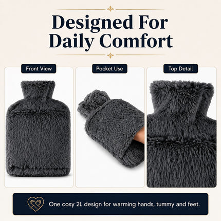 2L Extra Long Hot Water Bottle with Soft Plush Cover, Reusable Long Hot Water Bag for Bed, Sofa & Everyday Home Use
