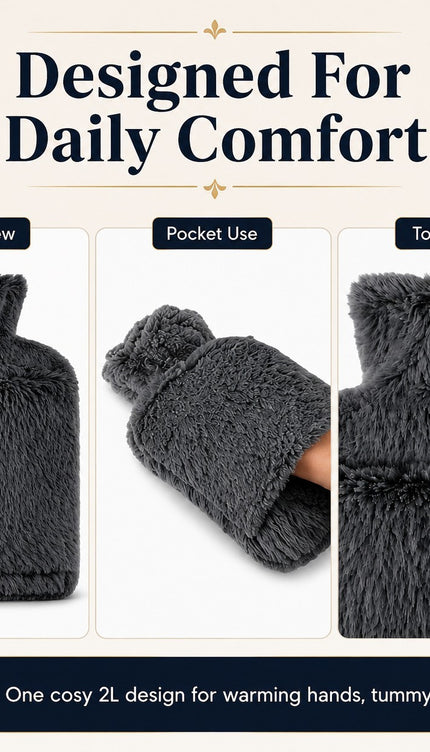 2L Extra Long Hot Water Bottle with Soft Plush Cover, Reusable Long Hot Water Bag for Bed, Sofa & Everyday Home Use