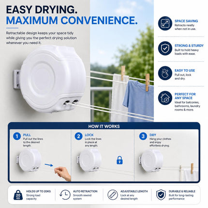 26M Retractable Clothes Line 30KG Heavy Duty Double Washing Line Extendable Wall Mounted Dryer