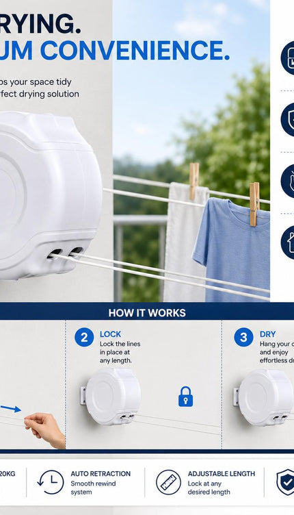 26M Retractable Clothes Line 30KG Heavy Duty Double Washing Line Extendable Wall Mounted Dryer