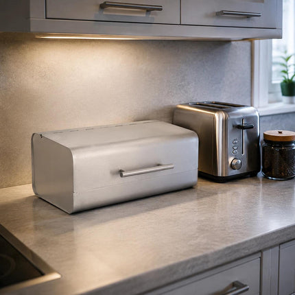 Bread Bin Stainless Steel Large Bread Box with Hinged Lid & Handle, Kitchen Bread Storage Container, Countertop Bread Keeper, Silver Satin Finish, 36.1 x 23 x 14.5 cm