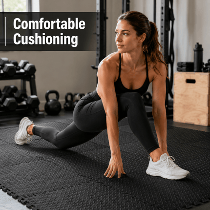 EVA Interlocking Foam Floor Mats 60 x 60 x 1cm, 6 Black Puzzle Gym Flooring Tiles with 8 Edge Borders, Textured Exercise Mat for Home Gym, Yoga, Fitness Equipment and Floor Protection