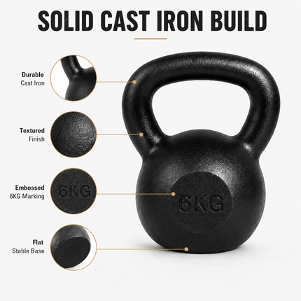 6kg Cast Iron Kettlebell, Black Strength Training Weight with Flat Base for Home Gym Workouts