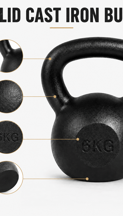 6kg Cast Iron Kettlebell, Black Strength Training Weight with Flat Base for Home Gym Workouts