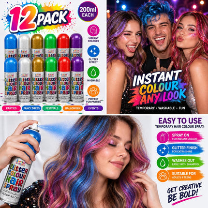 Pack of 12 Temporary Hair Colour Spray 200ml Washable Glitter Classic for Special Occasion Fancy Dress Up Hairspray Can for Parties Festivals Halloween - Haircare