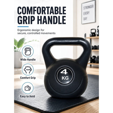 Vinyl Kettlebell Weight 4KG–20KG, Cast Iron Strength Training Equipment with Wide Grip Handle & Stable Flat Base, Free Weight for Home Gym, Squats, Swings and Full Body Workouts