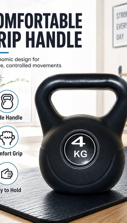 Vinyl Kettlebell Weight 4KG–20KG, Cast Iron Strength Training Equipment with Wide Grip Handle & Stable Flat Base, Free Weight for Home Gym, Squats, Swings and Full Body Workouts