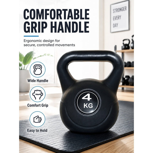 Vinyl Kettlebell Weight 4KG–20KG, Cast Iron Strength Training Equipment with Wide Grip Handle & Stable Flat Base, Free Weight for Home Gym, Squats, Swings and Full Body Workouts