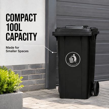 100L Black Wheelie Bin with Lid, Rubber Wheels and Push Handle, Heavy Duty HDPE Wheeled Rubbish Bin for Household, Garden, Garage and Workplace Waste