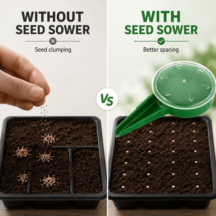 Seed Sower Dispenser with 5 Adjustable Dial Settings, Handheld Garden Seeder Spreader for Flower, Grass, Vegetable and Small Seeds, Easy Planting Tool