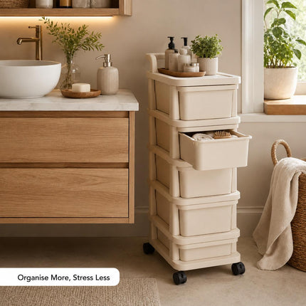 5 Tier Storage Trolley Plastic Drawer Cabinet on Wheels for Kitchen Bathroom Bedroom Home Office Organisation
