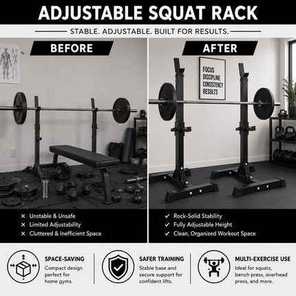 Multi Purpose Adjustable Barbell Rack and Squat Stand for Bench Press, Weight Lifting and Strength Training, Heavy Duty Home Gym Fitness Equipment with Adjustable Height and Stable Base for Men Women