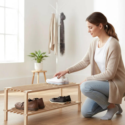 2 3 4 TIER SHOE RACK ORGANISER NATURAL SLATED WOOD FOOTWEAR STAND STORAGE SHELF