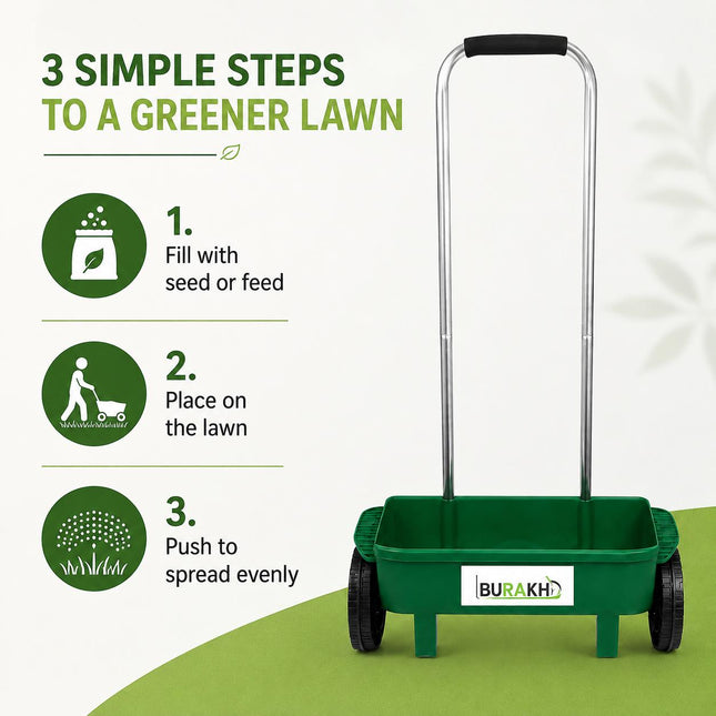 12L Lawn Seed Sp readerWheeled Push Garden Grass Seeder Fertiliser Lawn Feed Rotary Spreader with 110cm Handle for Garden Lawn Care