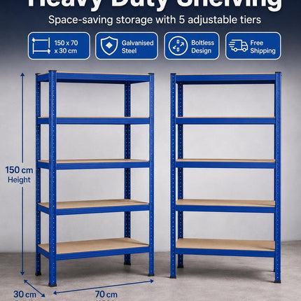 5 Tier Heavy Duty Galvanised Steel Shelving Unit Storage Rack with Adjustable Shelves Durable Sturdy for Home Garage Office Warehouse Organiser Household Storage 150x70x30cm & 180x90x40cm