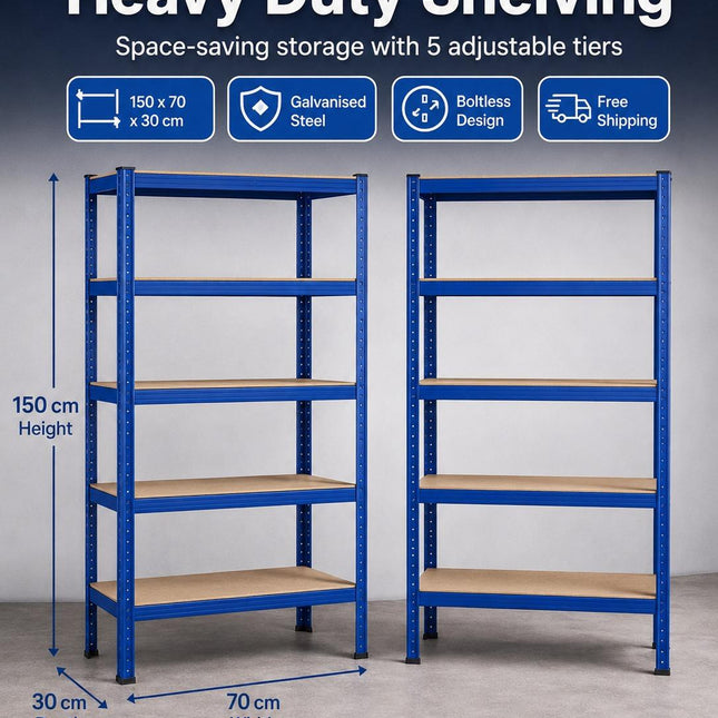 5 Tier Heavy Duty Galvanised Steel Shelving Unit Storage Rack with Adjustable Shelves Durable Sturdy for Home Garage Office Warehouse Organiser Household Storage 150x70x30cm & 180x90x40cm